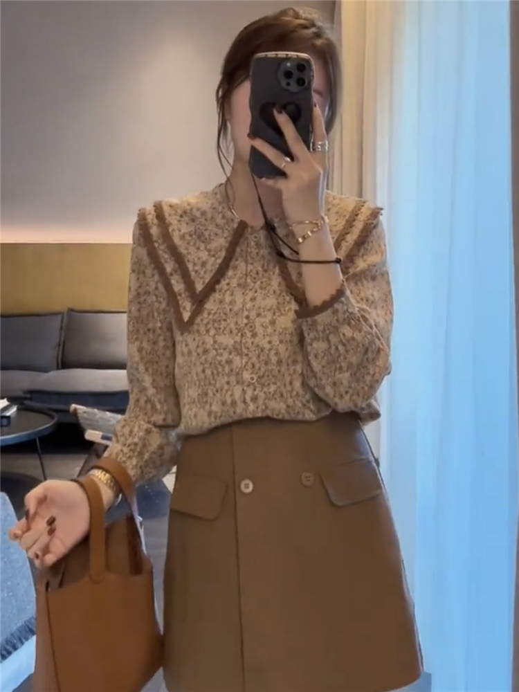 秋冬新款法式尖領襯衫女設計感小眾洋氣時尚雪紡碎花上衣女
