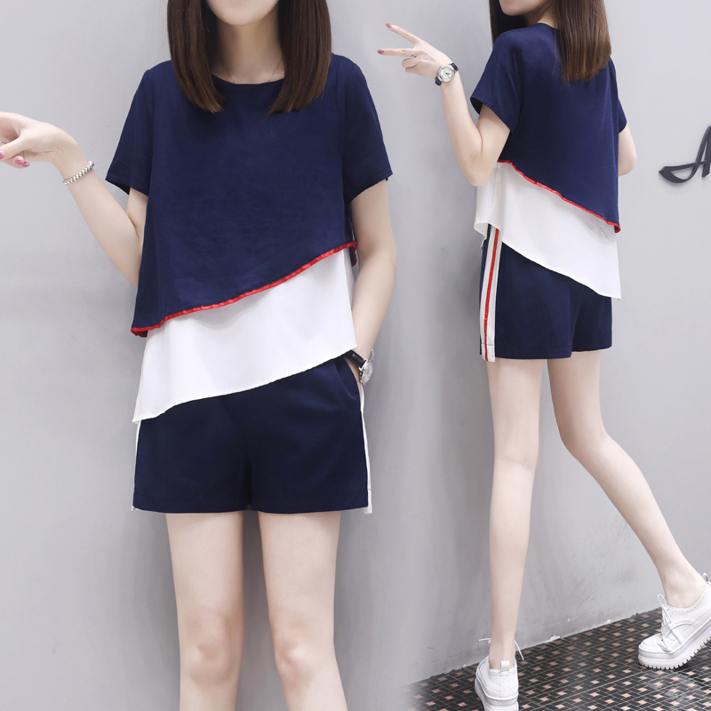 M--4XL 兩件套2024韓版寬鬆拼接上衣短褲休閒時尚套裝女洋氣