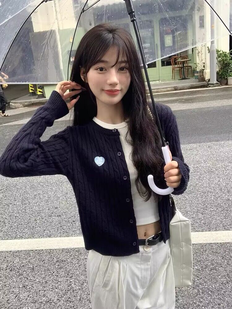 宋正恩藏藍色麻花針織開衫外套女秋裝高級感韓系內搭毛衣獨特上衣