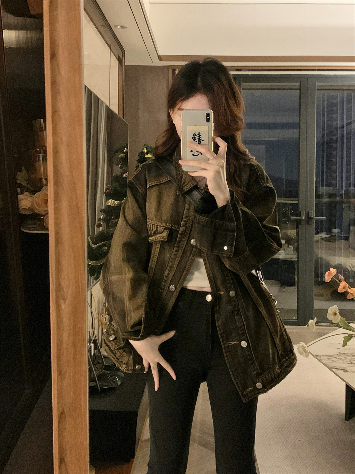 實拍格子貼布毛邊設計感做舊水洗牛仔外套男女復古寬鬆夾克
