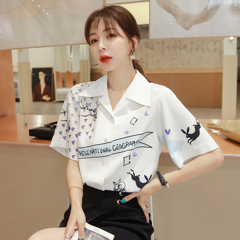 實拍2024夏季新款女裝短款寬鬆短袖雪紡襯衫休閒百搭印花上衣女