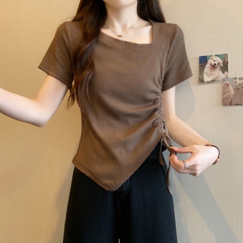 Real shot 40 count pure cotton 2024 summer drawstring short-sleeved T-shirt hot girl unique top