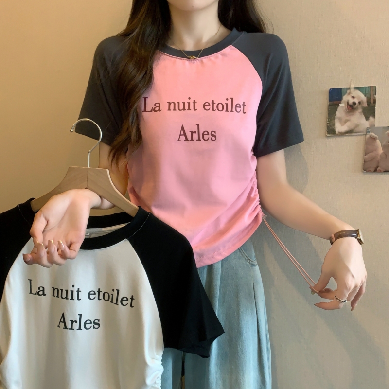 Real shot 40 count pure cotton 2024 summer drawstring printed short-sleeved T-shirt for women with niche design