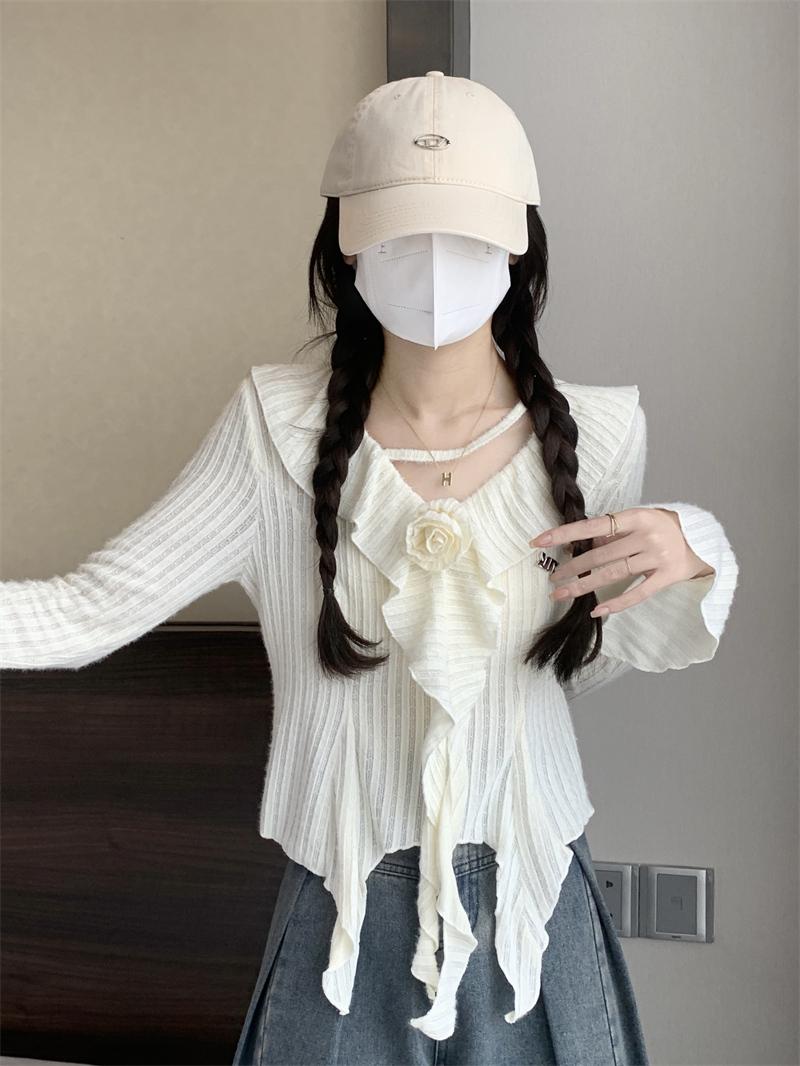 實拍 新款立體花朵荷葉邊長袖v領溫柔風不規則修身打底上衣