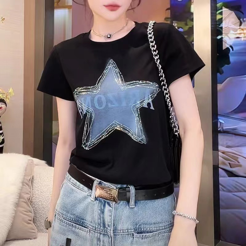 燙鑽五角星短袖t恤女裝夏季2024新款小眾設計感顯瘦修身短款上衣