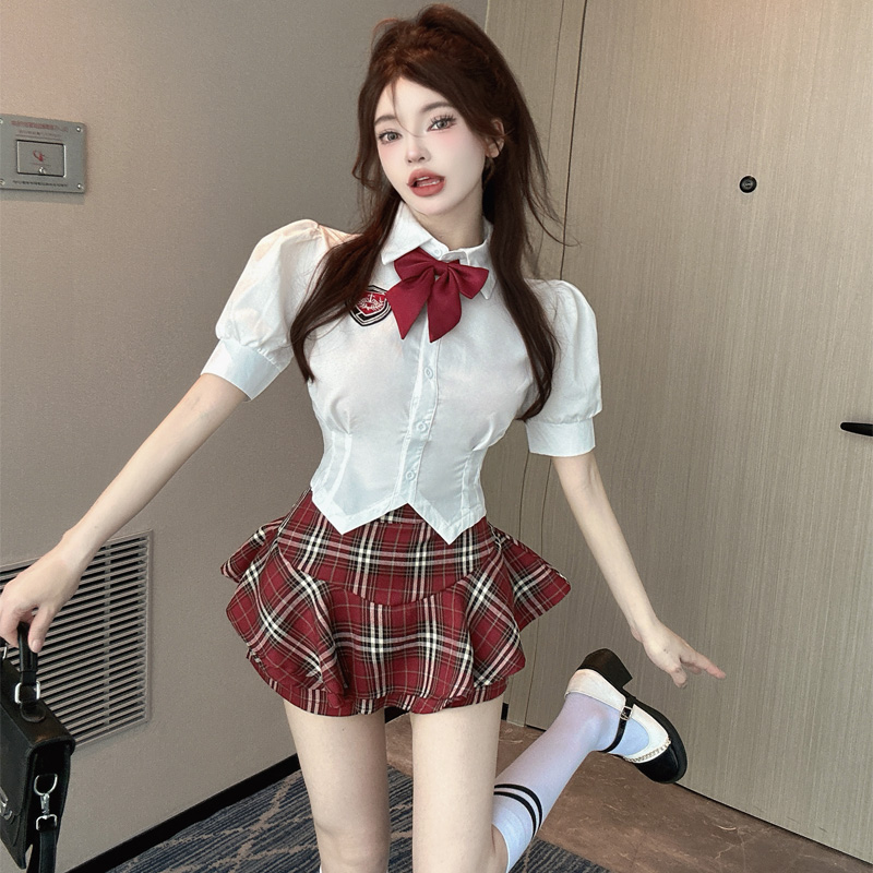 學院風套裝女2024夏季收腰jk制服襯衫辣妹短裙格子褲裙a字半身裙