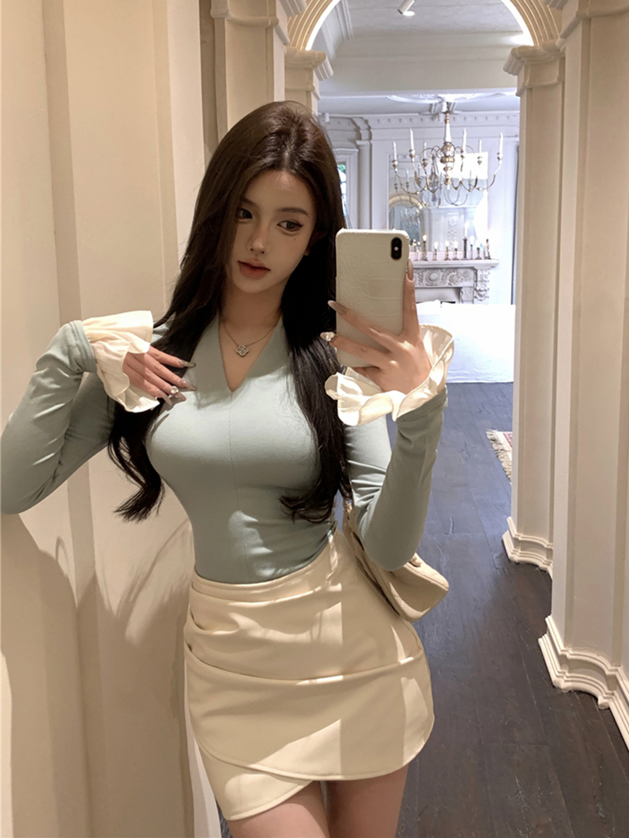 實拍春裝V領喇叭袖打底衫T恤+不規則高腰性感PU皮裙包臀裙褲女