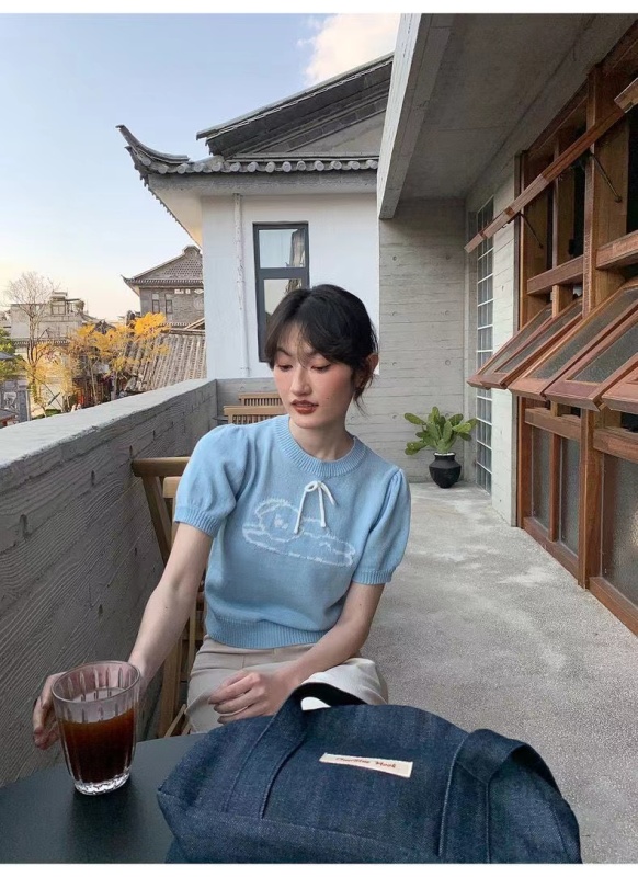 新款~韓版溫柔風甜美雲朵狗狗提花針織上衣