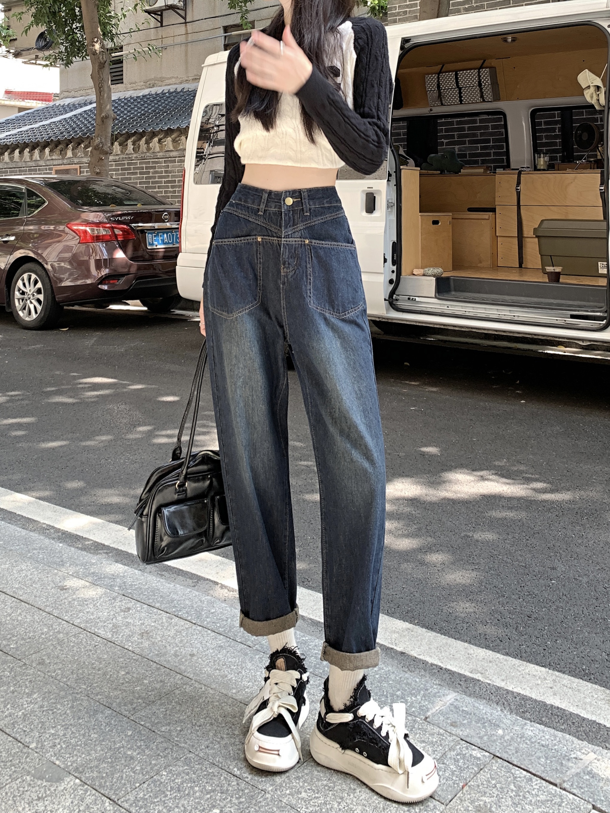 實拍2024春新款高腰顯瘦美式老爹褲寬鬆百搭哈牛仔褲女長褲ins