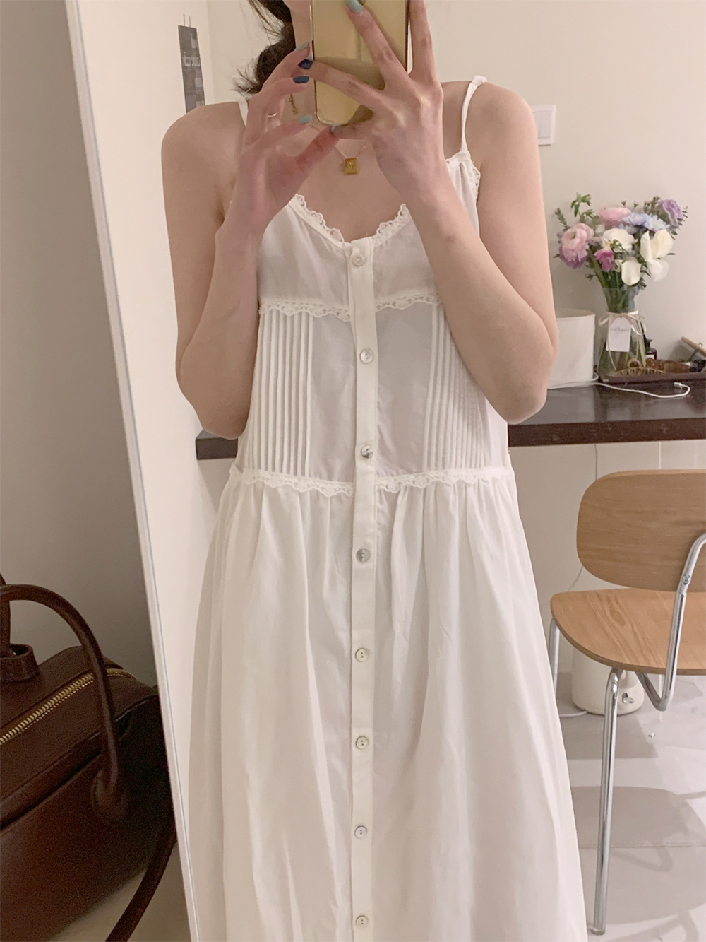 實拍~白色吊帶連衣裙女裝夏韓系ins重工蕾絲花邊奶甜少女感裙