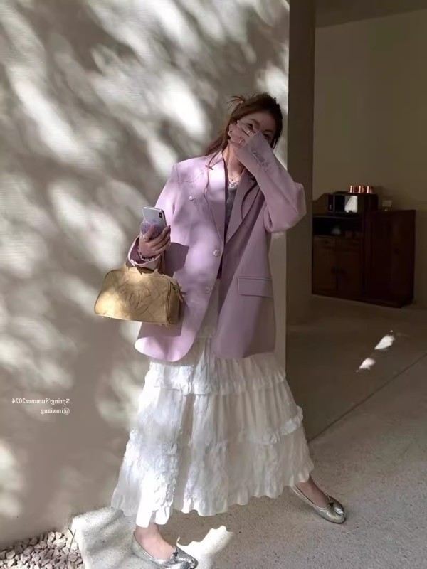 im 貝殼光澤~白色荷葉邊蛋糕裙女春重工閃閃蕾絲拼接蓬蓬半身裙向