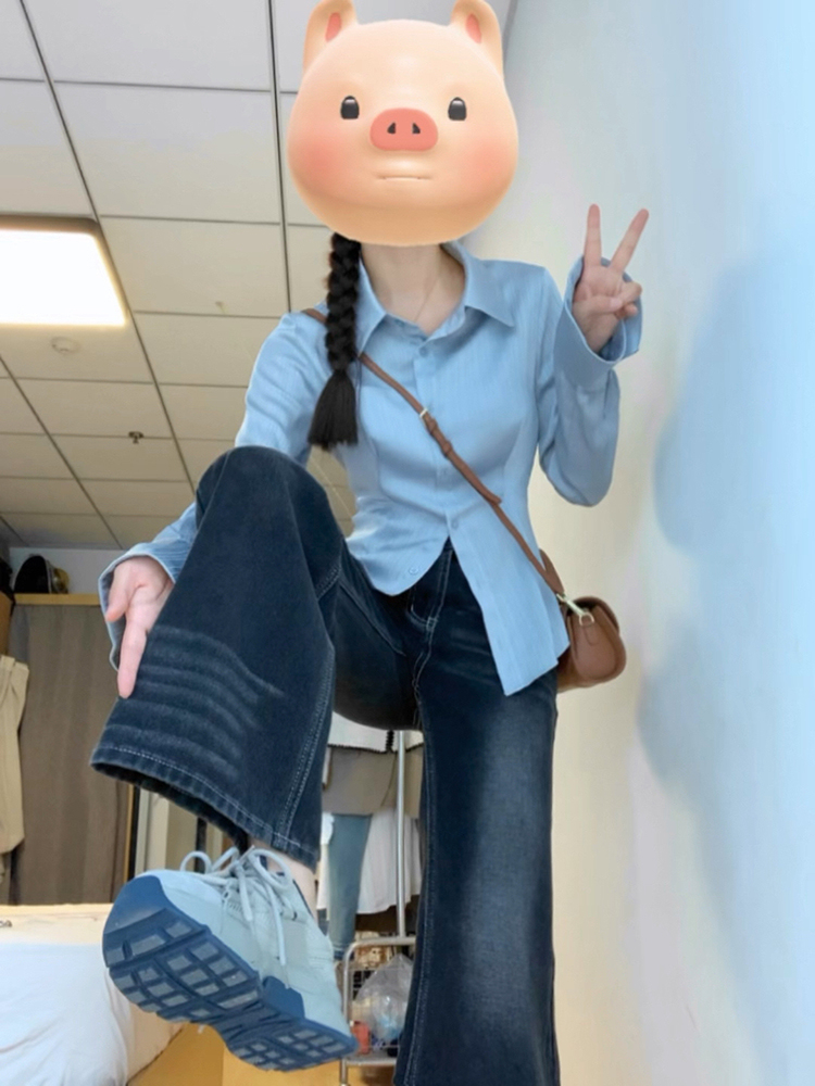 初秋季藍色條紋女士襯衫上衣2024新款修身顯瘦收腰長袖襯衣打底衫
