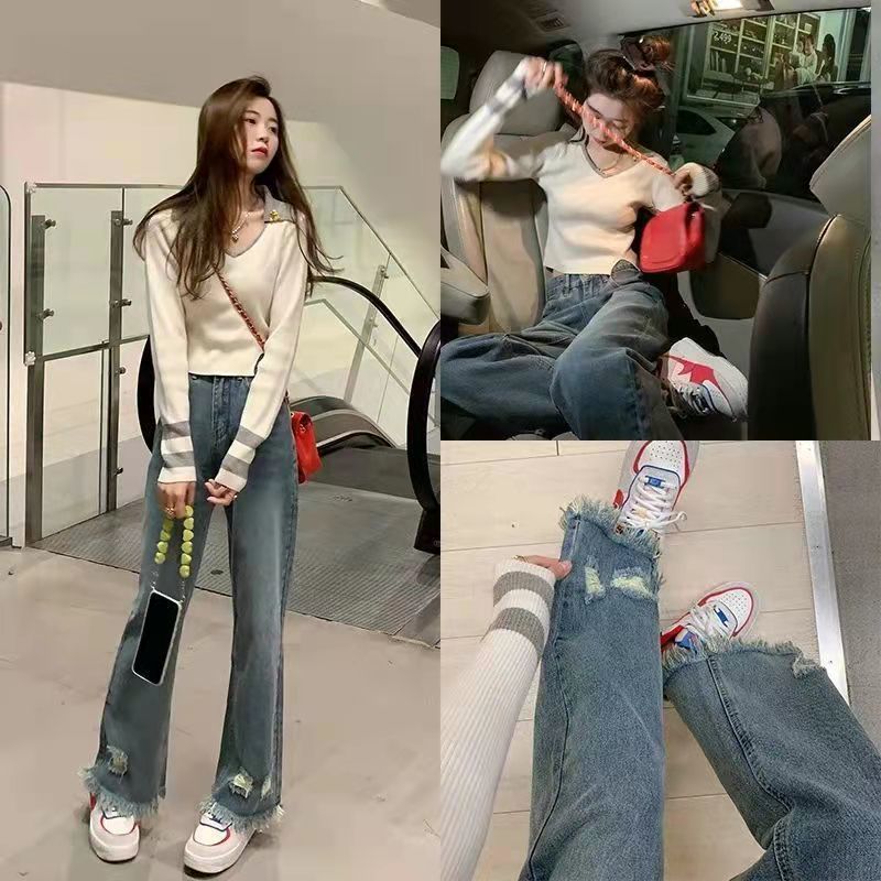 Men and women's new style raw edge high street ripped spring and autumn high-waisted loose slim jeans women's straight wide legs mopping the floor
