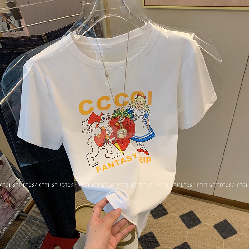 Official photo Heavy/combed cotton Back collar Seamed S-XXXL Summer short-sleeved T-shirt for women