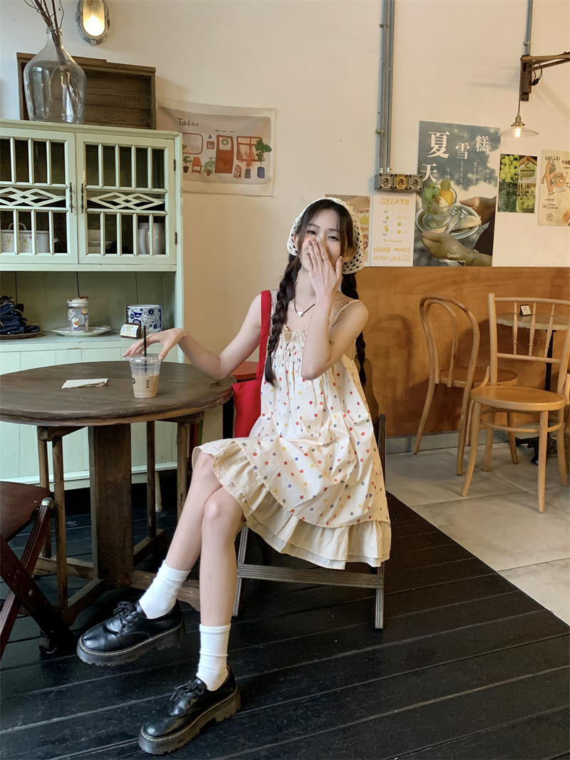 "Real Shot Confession Balloon" Japanese niche retro girl polka dot suspender dress for women summer