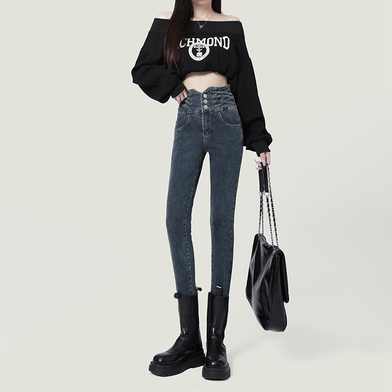 收腹高腰牛仔褲女時尚設計新款單排三扣彈力修身小腳鉛筆牛仔褲潮