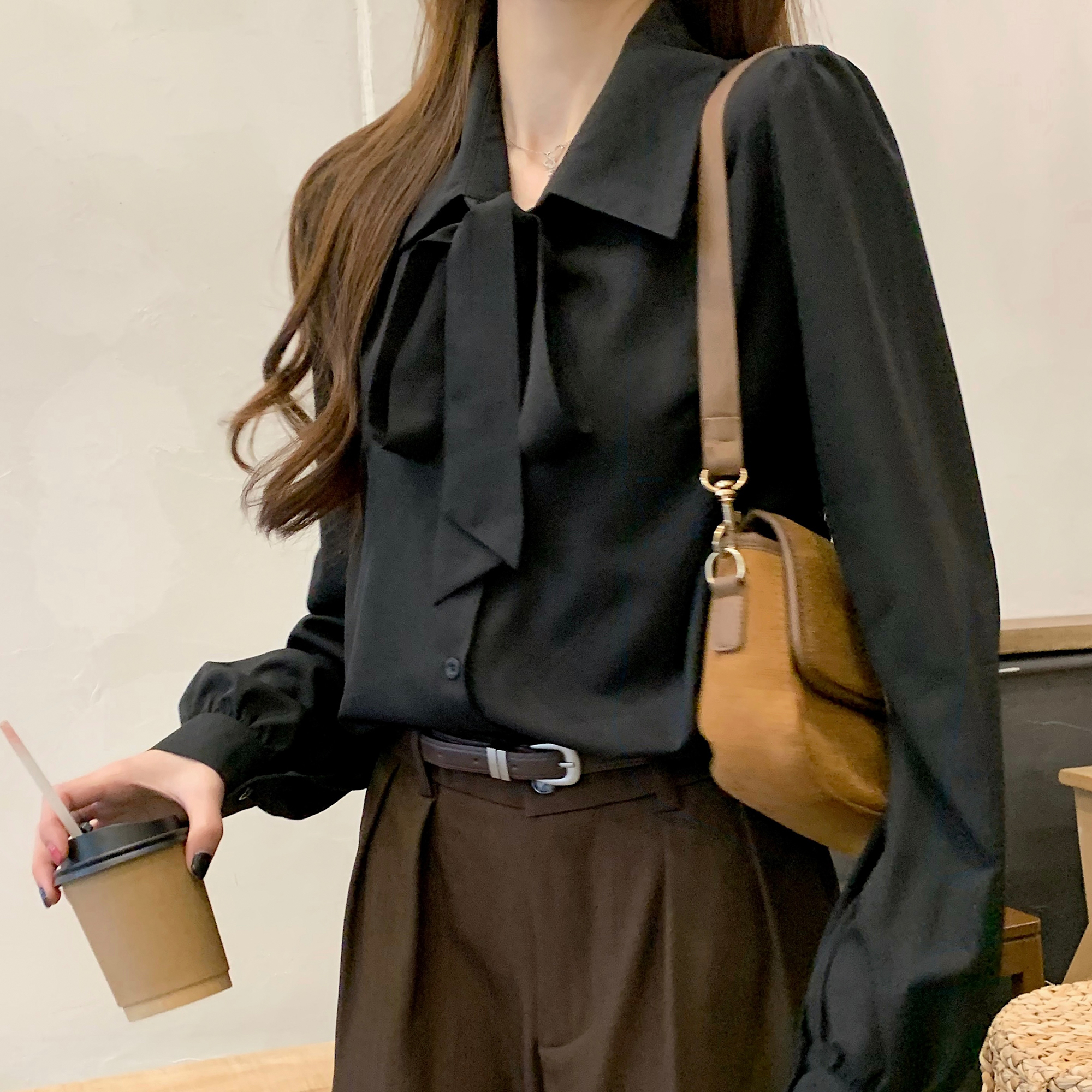 7940實拍燈籠袖蝴蝶結襯衫白色通勤襯衣女正裝飄帶設計感職業上衣