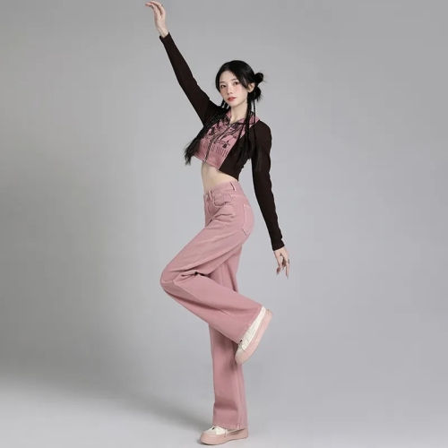 2024年新品显瘦脏粉色牛仔裤女时尚小众设计感宽松阔腿长裤子