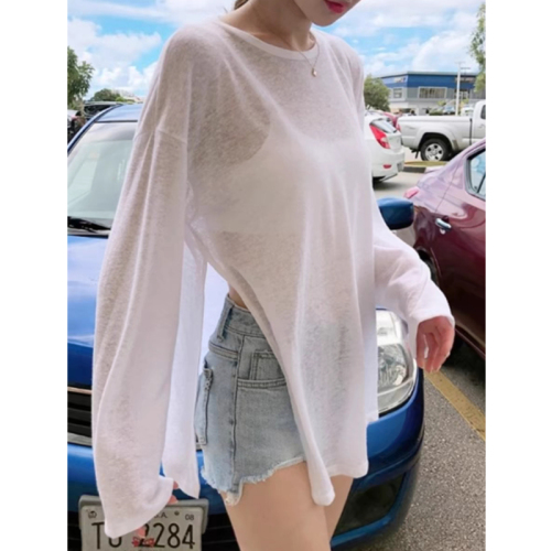 Summer knitted sun protection blouse for women ins niche design round neck top loose and thin style with sun protection T-shirt