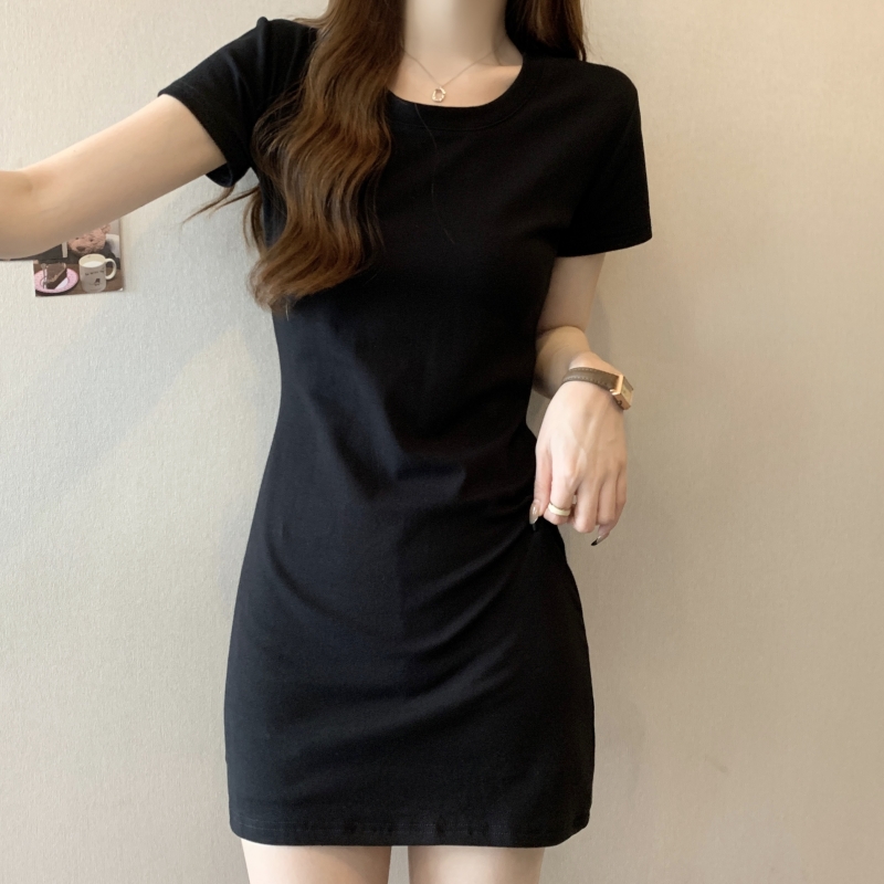 Real shot of pure cotton black short-sleeved T-shirt dress women's summer waist bag hip little black skirt casual sports style short skirt
