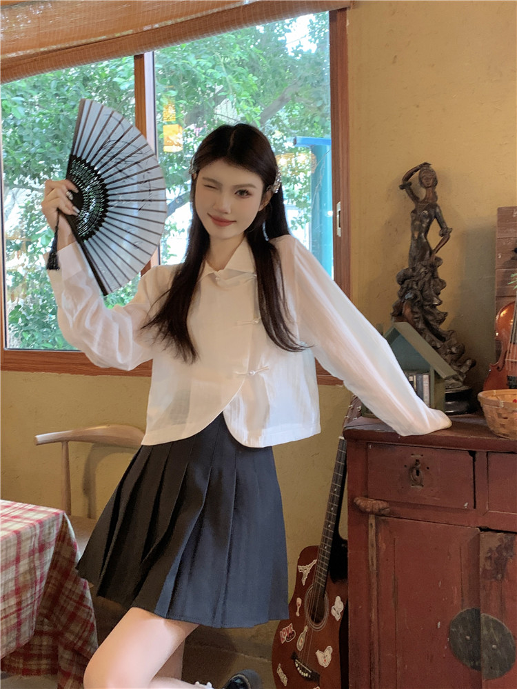 實拍 新中式盤扣設計洋氣POLO領襯衫高腰顯瘦百褶半身短裙