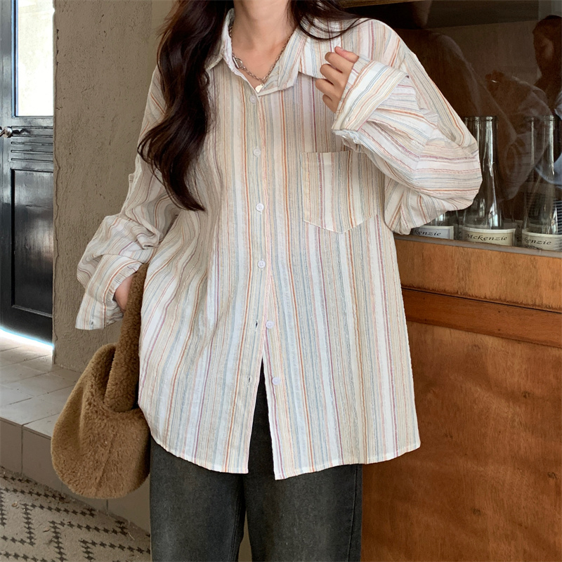 Real shot of pure cotton retro blue striped shirt women's spring and summer new shirt jacket design niche long-sleeved top