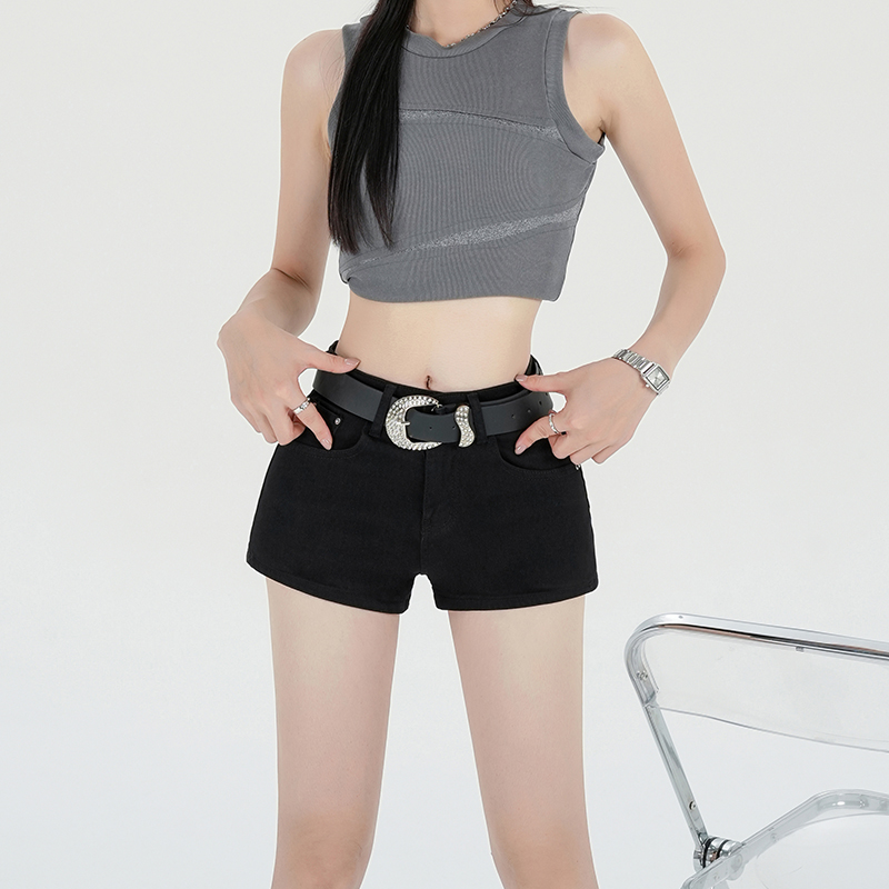 Real shot~American hot girl low-waist tight elastic denim super shorts women's slim slimming butt-covering hot pants