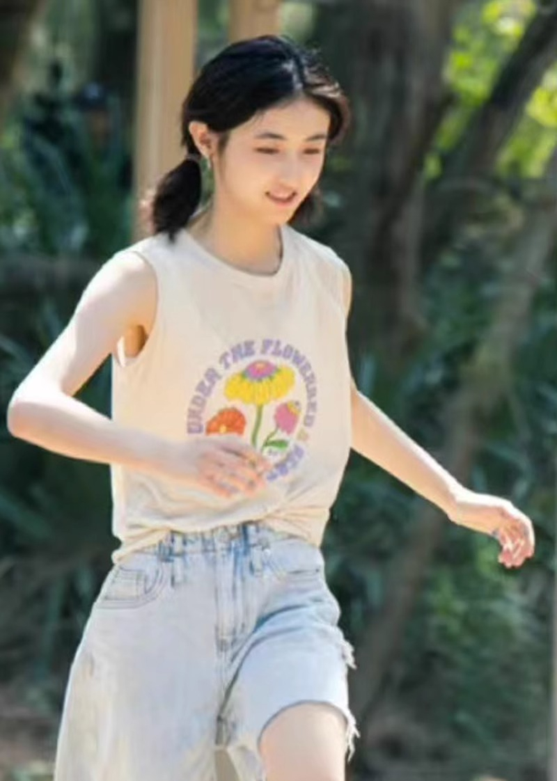 官圖 寬鬆印花背心無袖T恤上衣女夏季打底衫