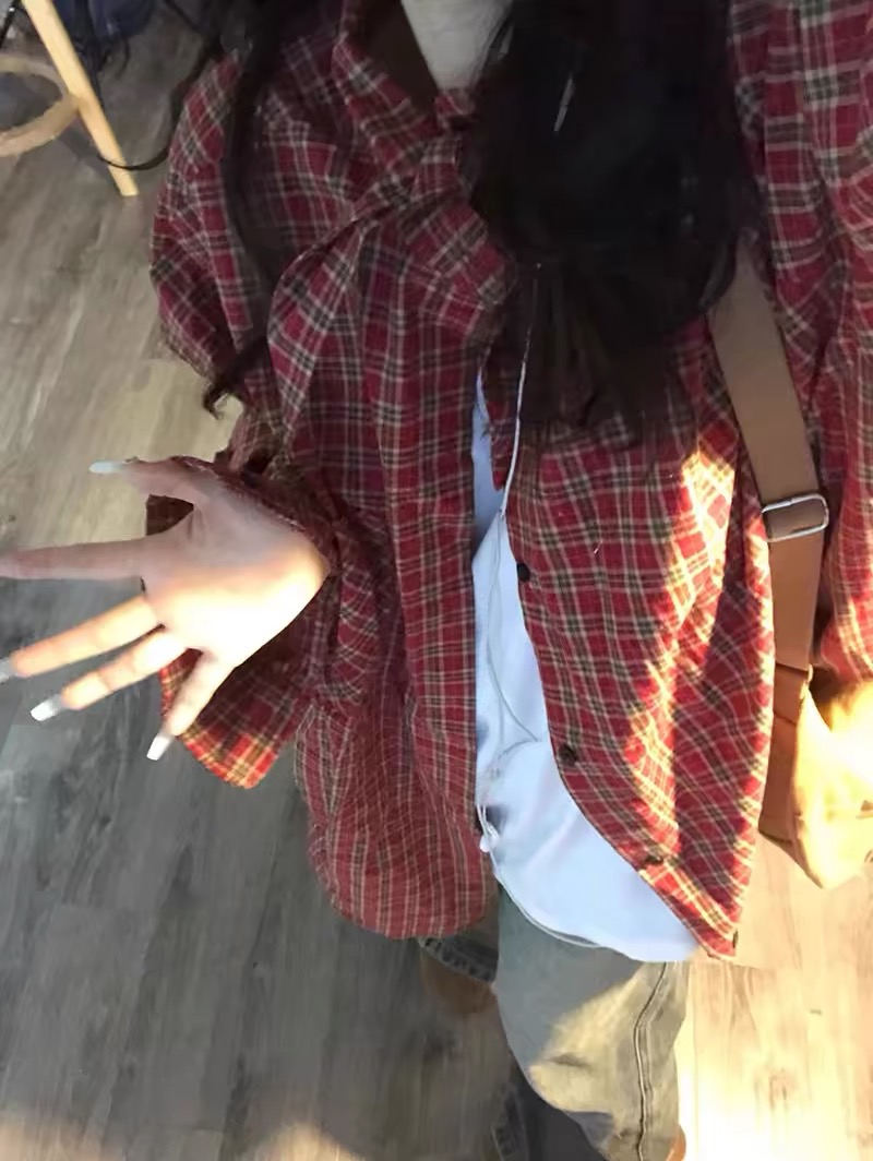 復古慵懶風寬鬆格子長袖襯衫女春秋薄款新款上衣外套