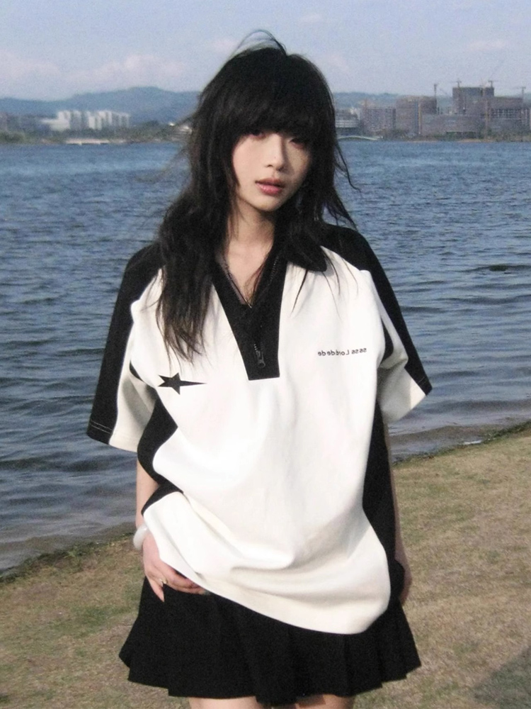 250克珠地polo領T恤女短袖夏寬鬆拉鏈上衣潮牌中長款T恤