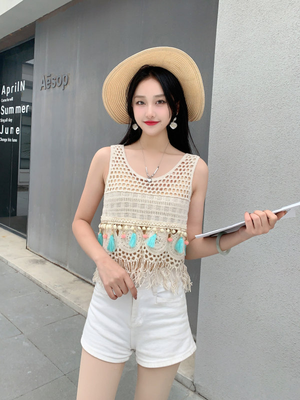 2024新款夏季法式減齡鏤空鈎花甜美流蘇吊帶短款女上衣設計感小眾