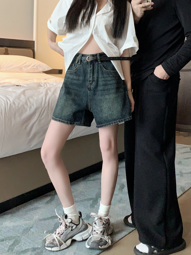 Actual shot #New high-waisted denim shorts for women, slim and versatile, wide-footed, A-line shorts