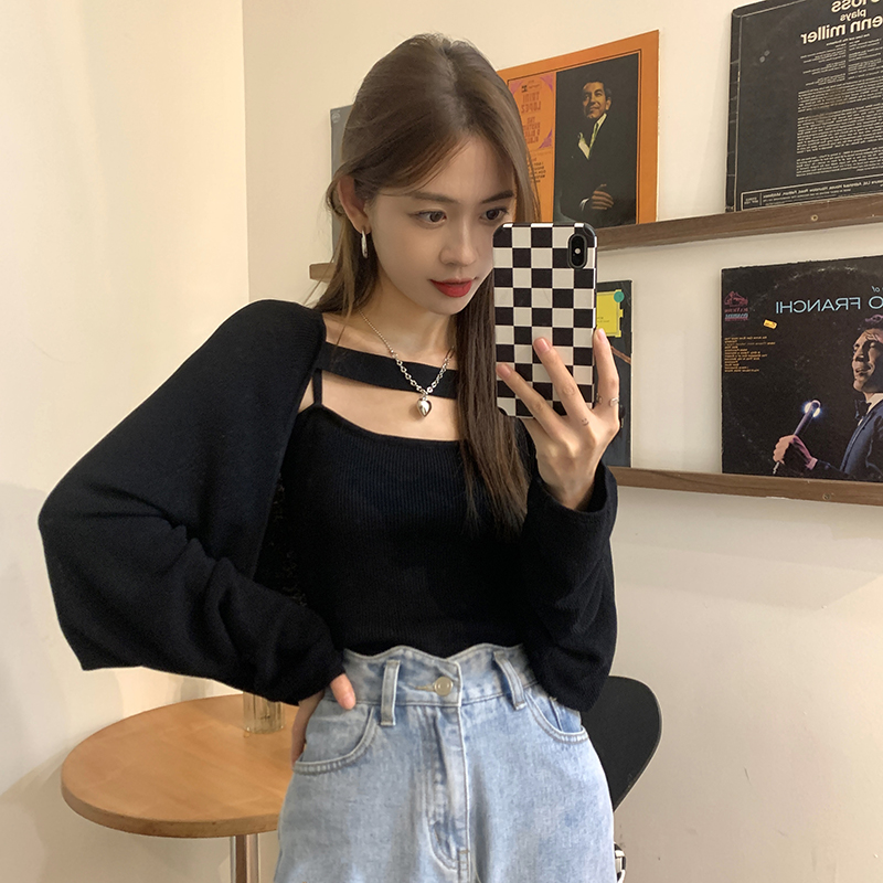 甜辣妹開衫女裝秋冬披肩外搭罩衫吊帶背心兩件套毛衣外套短款上衣