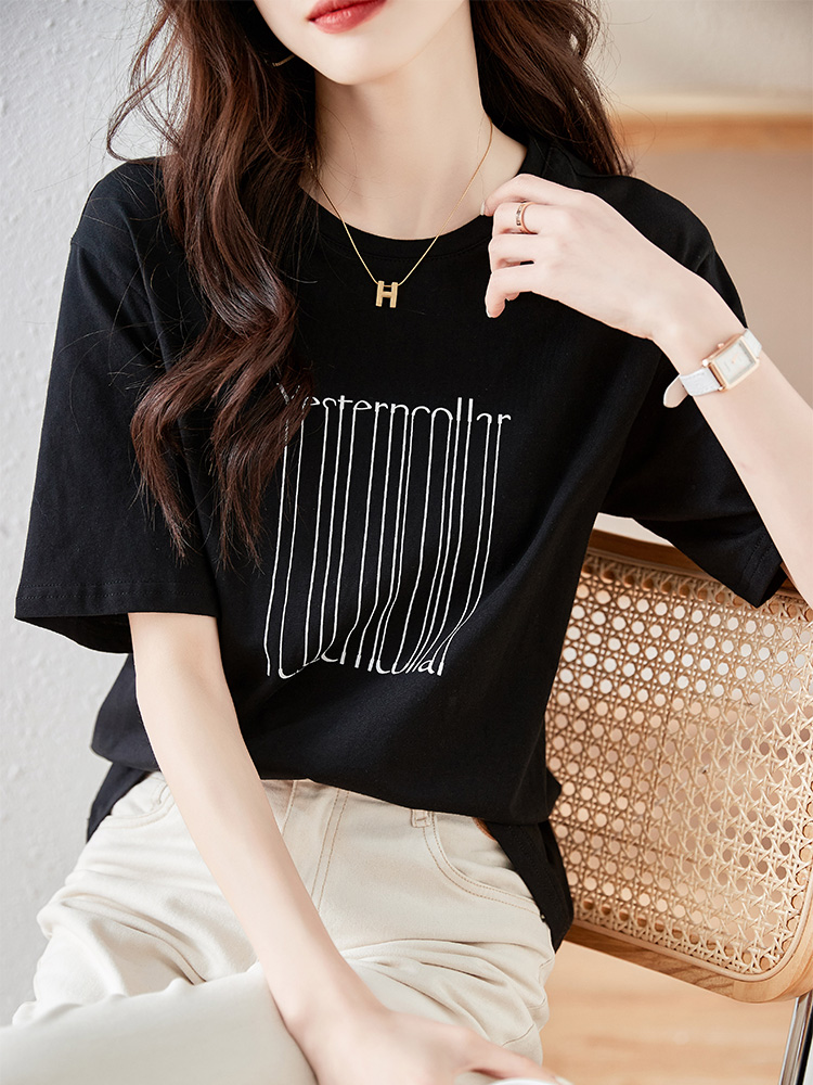 *好質量*2024夏季圓領短袖T恤女設計感小眾字母刺繡內搭打底上衣