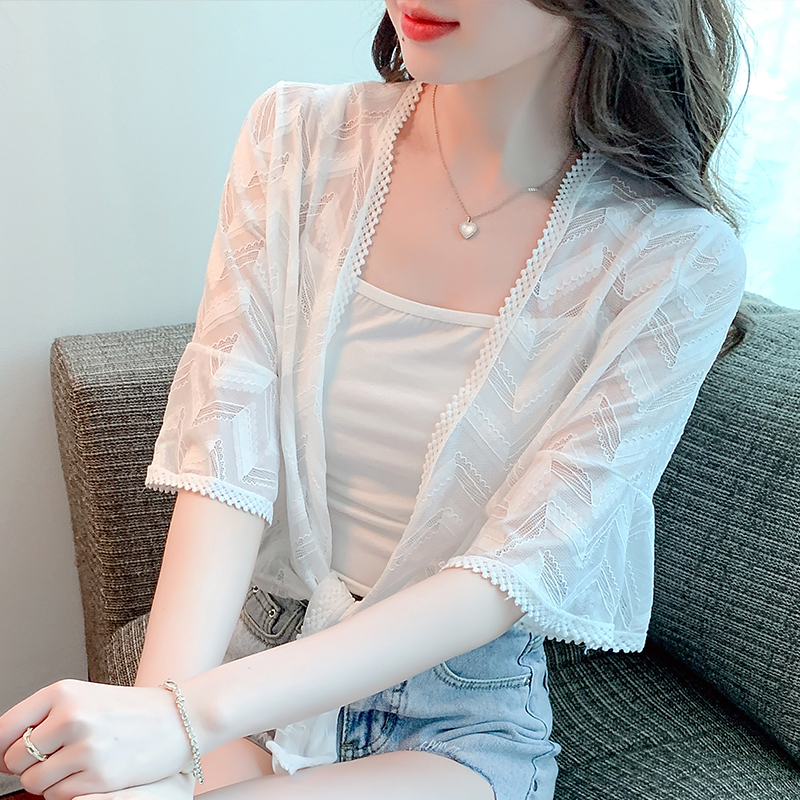 Already shipped lace hollow short-sleeved cardigan small shawl small waistcoat summer versatile 2024 summer thin coat for women