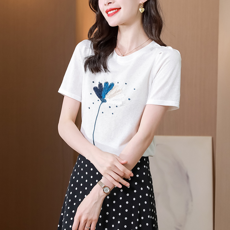 實拍2024夏裝新款減齡小眾圓領繡花顯瘦T恤女ins套頭棉質上衣女