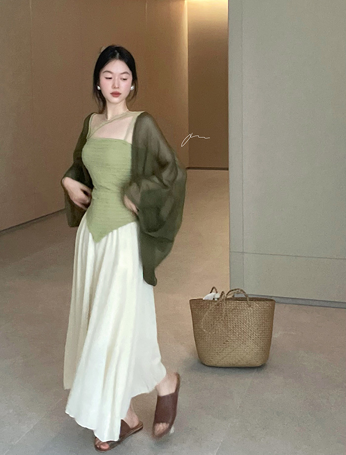 實拍青綠新中式簡約薄款寬鬆開衫吊帶半身裙套裝三件套