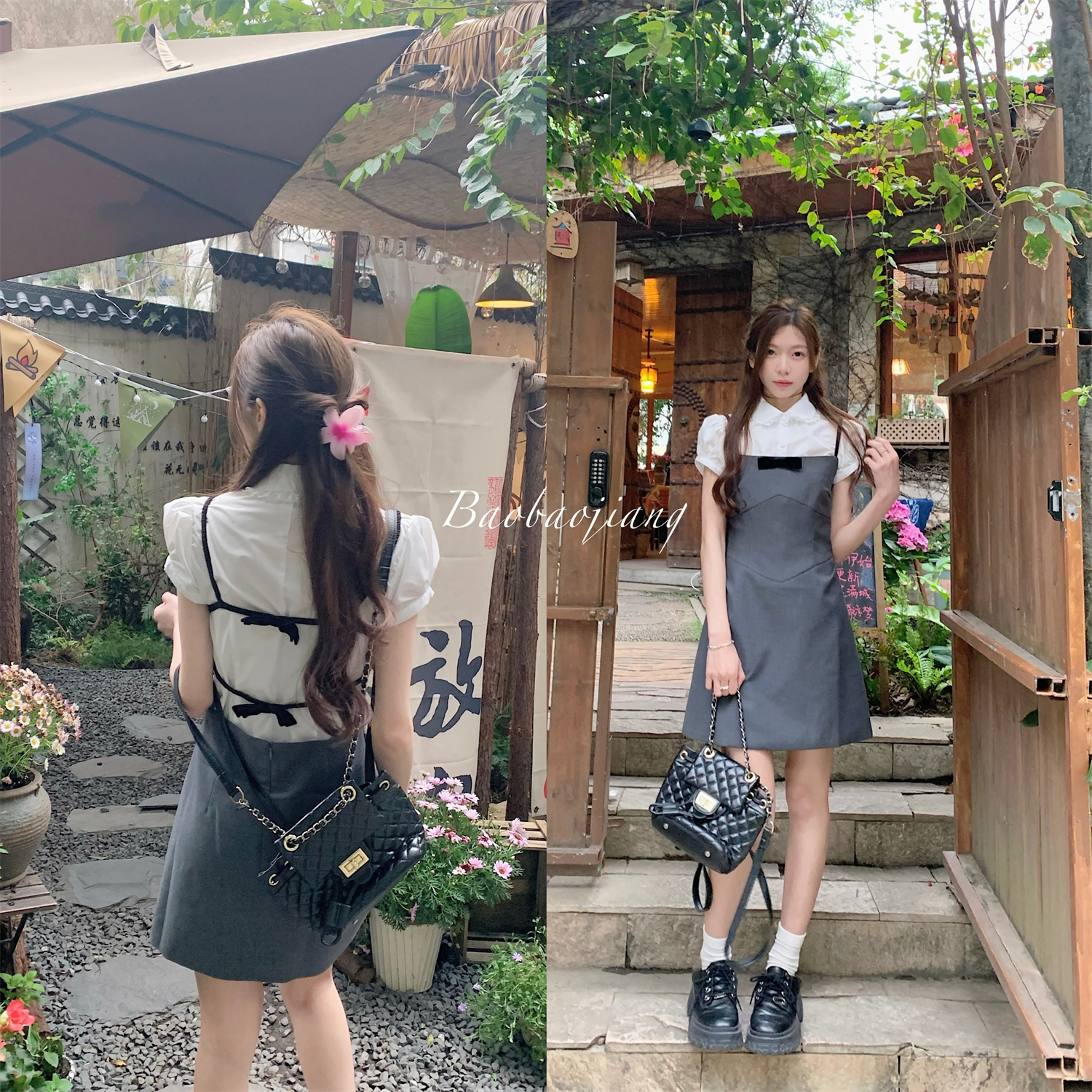 實拍 韓漫學姐 學院風襯衫蝴蝶結花邊拼接套裝裙女吊帶連衣裙