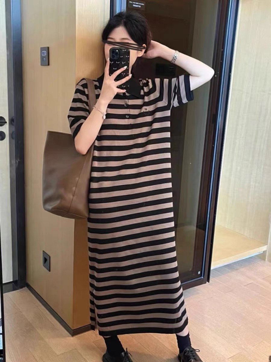 氣質polo領冰絲針織連衣裙女夏季撞色條紋大碼寬鬆圓領短袖長裙子