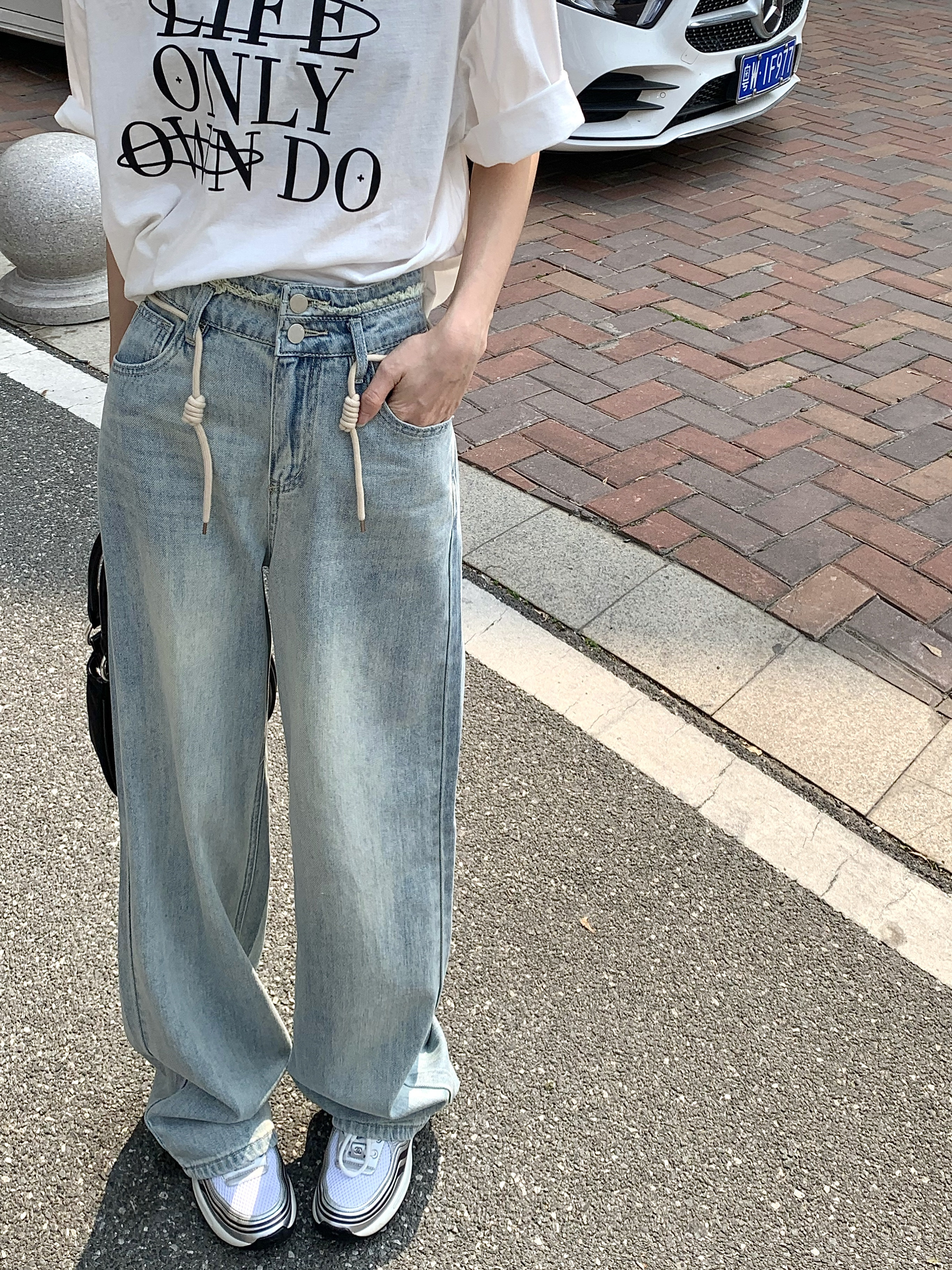 實拍 寬鬆闊腿顯瘦抽繩百搭牛仔褲