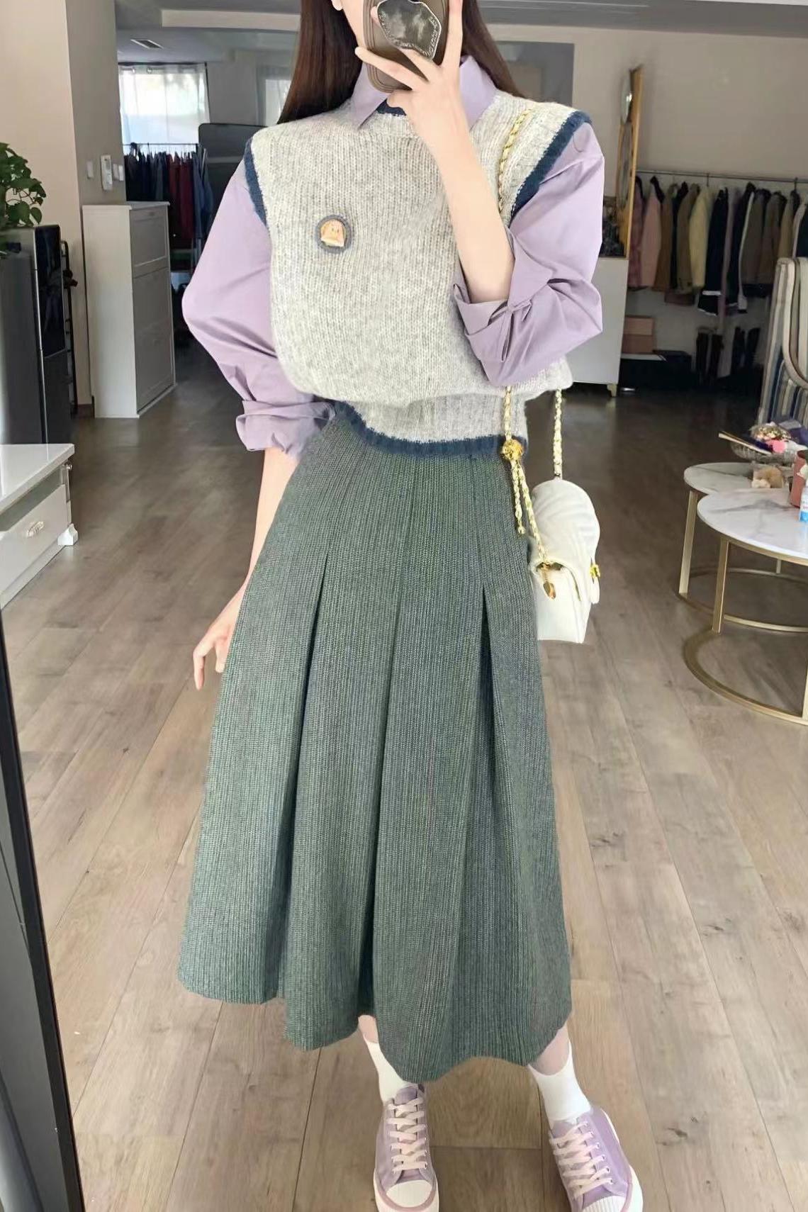 新款春秋搭配一整套時尚馬甲襯衫茶系穿搭減齡遮肉三件套裝女