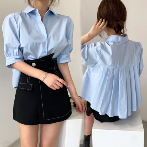 韩国夏季新款短袖衬衫设计感后背小心机百褶下摆宽松短款衬衫上衣