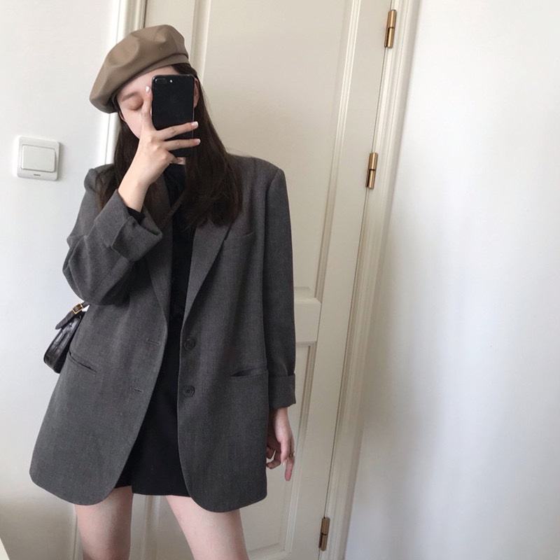 深灰色春季西裝外套女春秋設計感小眾港風復古寬鬆韓版休閒小西服