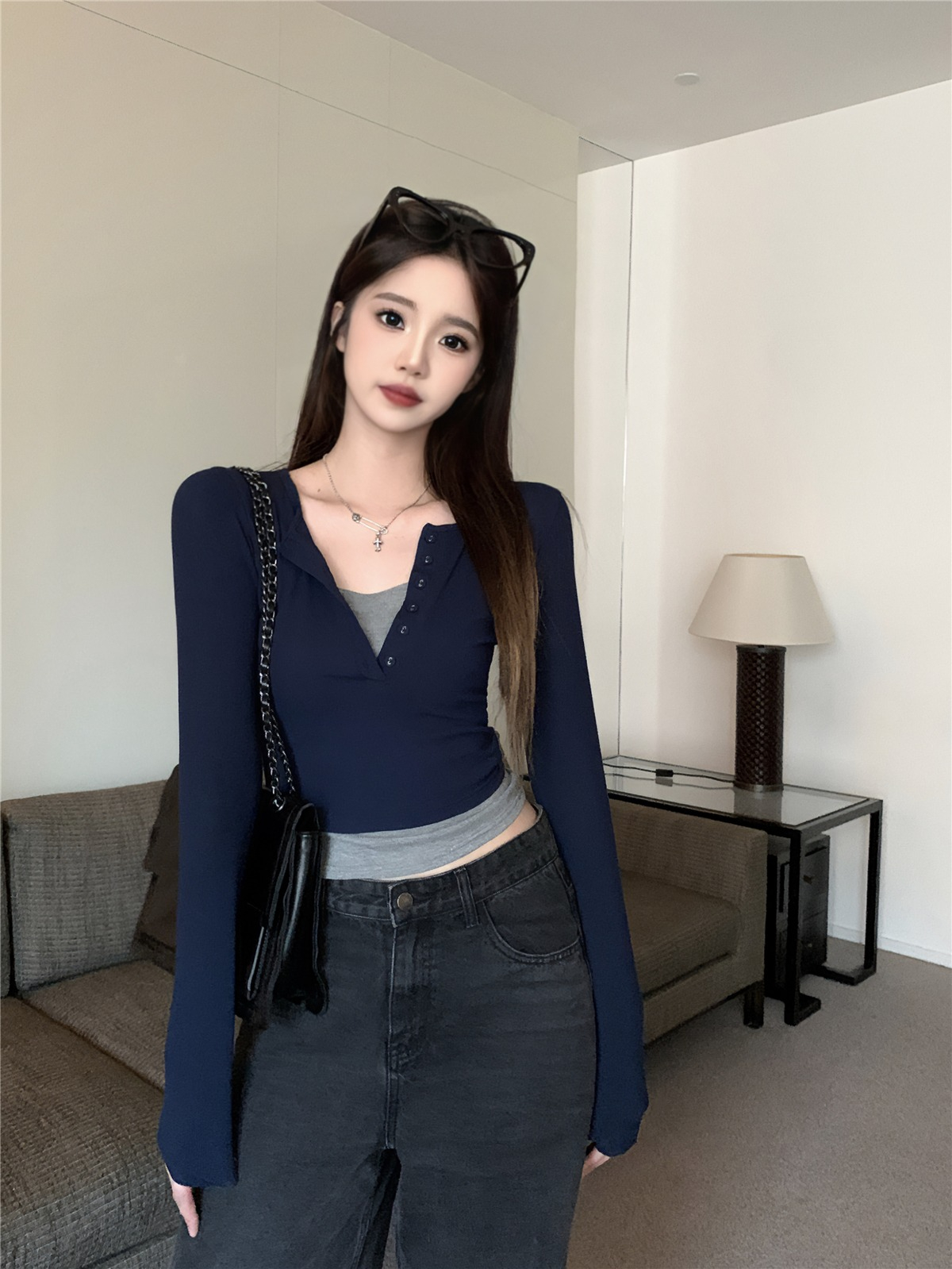 官圖 設計感拼接假兩件長袖T恤女春秋新款女裝顯瘦短款撞色上衣