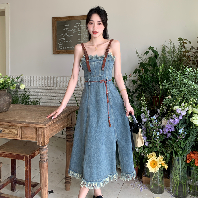 實拍夏季大碼女裝復古牛仔連衣裙設計感長裙流蘇吊帶裙M-5XL200斤