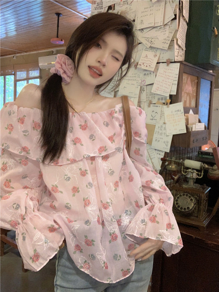 實拍2024新款韓系小眾設計感荷葉邊碎花喇叭袖百搭一字領襯衫