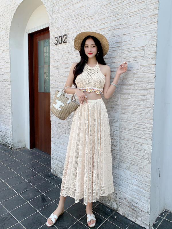 美式韓版2024夏季新款性感短款掛脖吊帶背心女海邊度假套裝半身裙