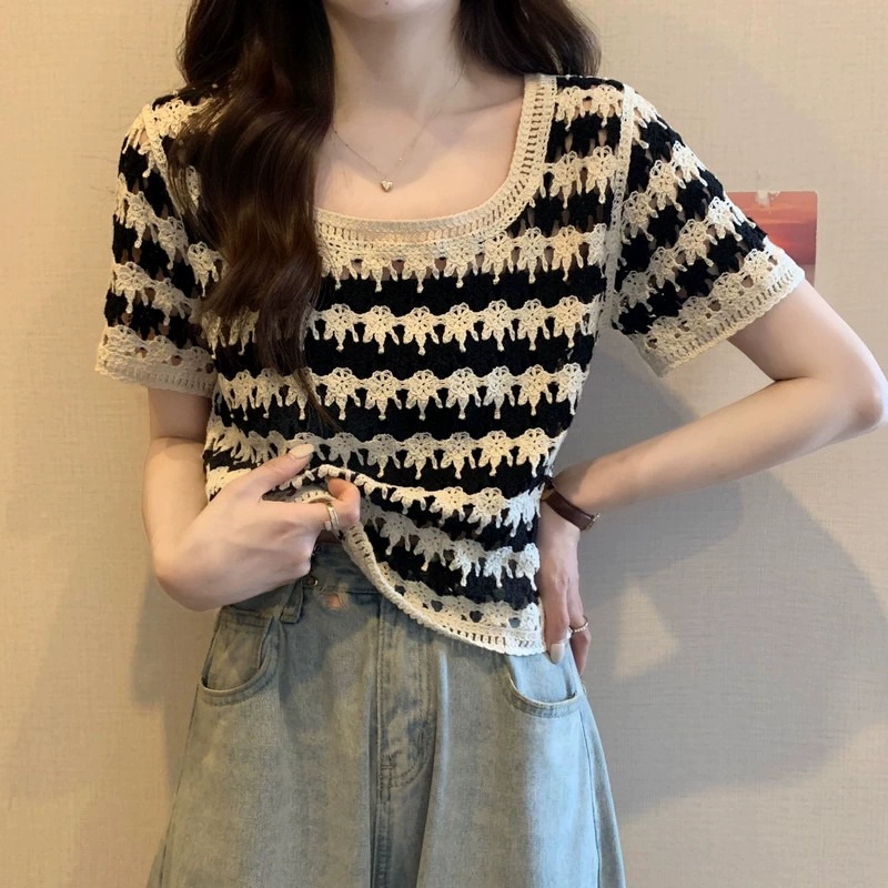 U領復古條紋短袖針織衫女夏季鏤空鈎花***風小個子寬鬆短款上衣