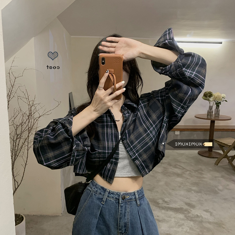 復古格子長袖襯衫外套女秋季港味chic顯瘦短款襯衣薄款防曬上衣潮