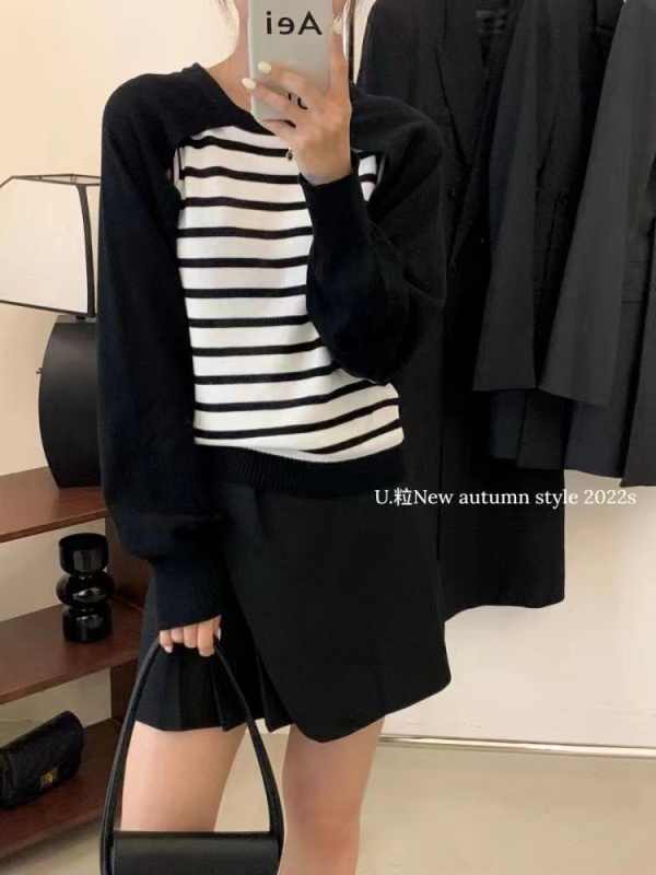 韓國東大門春季韓版設計感條紋假兩件針織衫ins百搭衛衣女